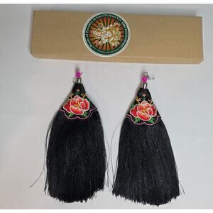 Earrings Black Tassel Floral Embroidery New in Box